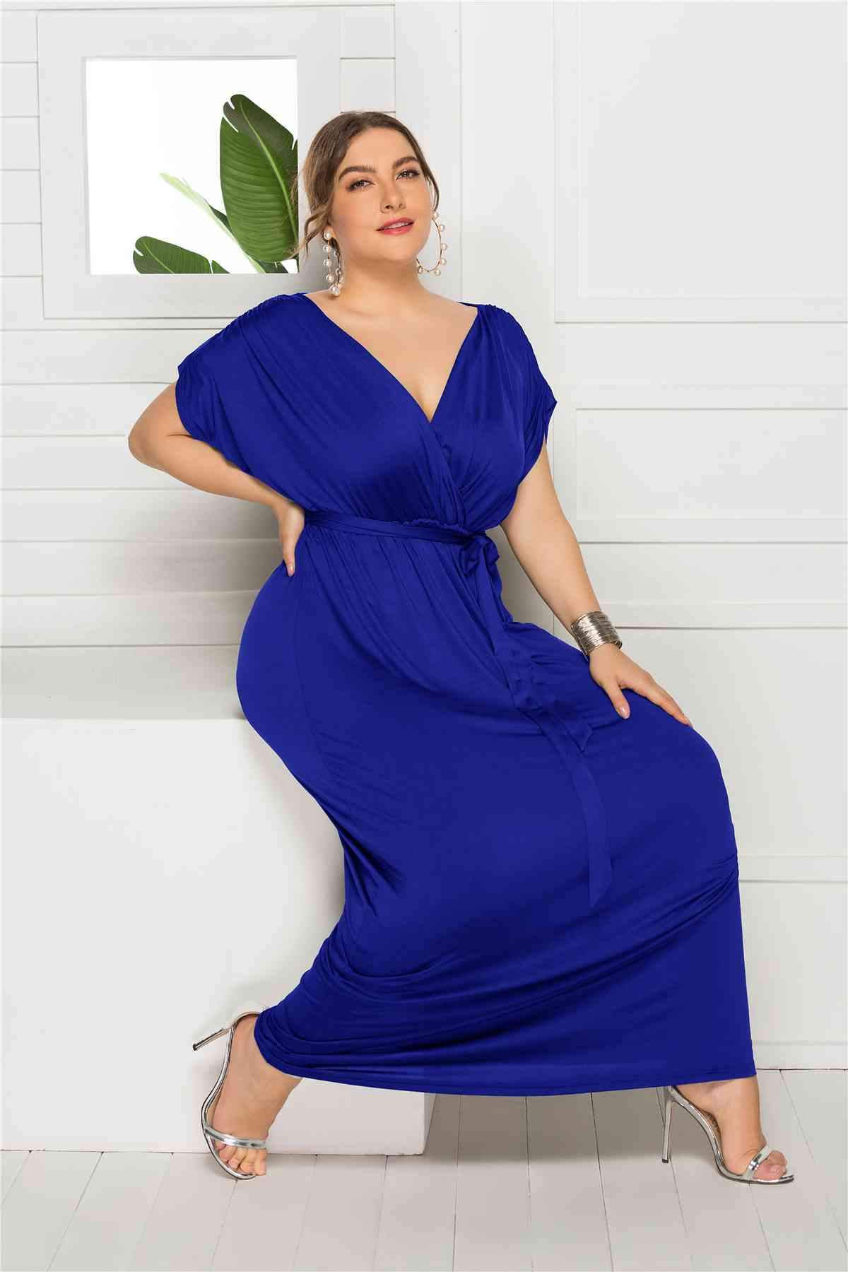 Plus Tie Waist Wrap Top Maxi Dress BLUE ZONE PLANET