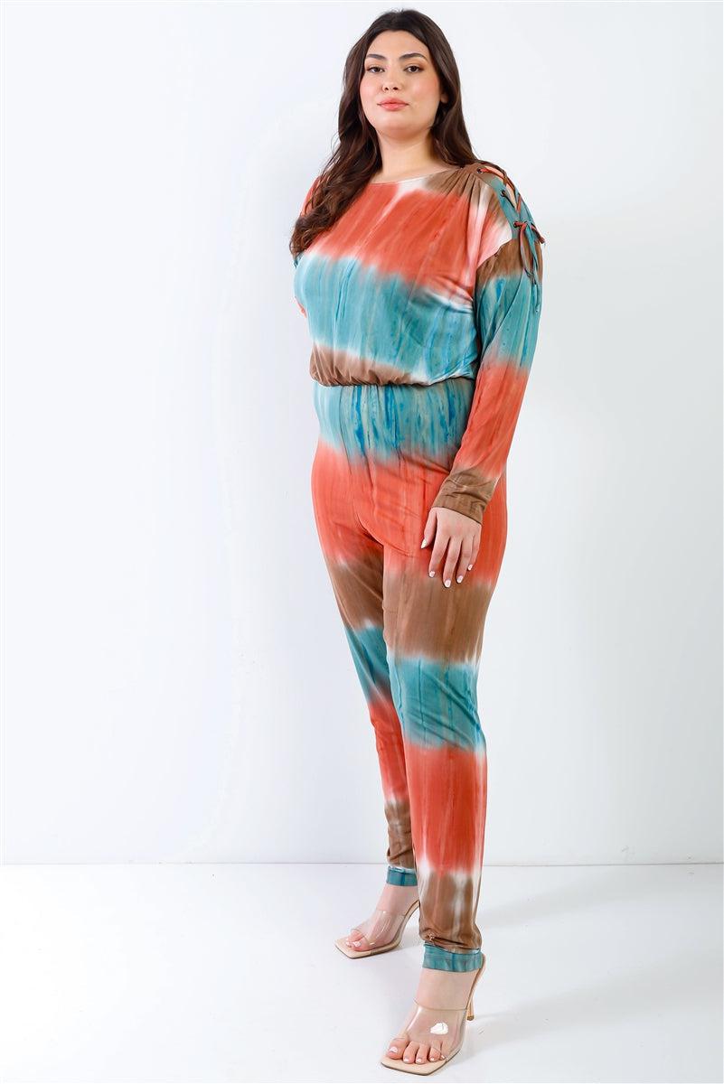 Plus Tie-dye Lace Up Shoulder Details Back Wrap Cut-out Jumpsuit Blue Zone Planet