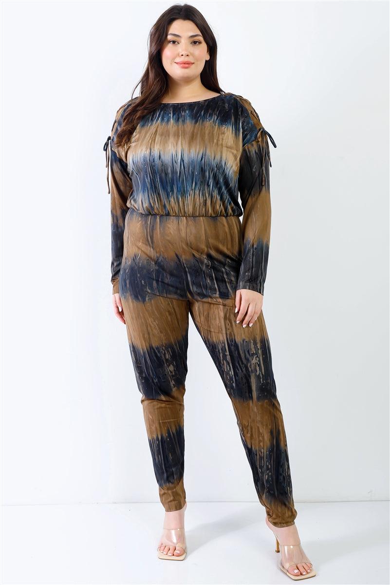 Plus Tie-dye Lace Up Shoulder Details Back Wrap Cut-out Jumpsuit Blue Zone Planet