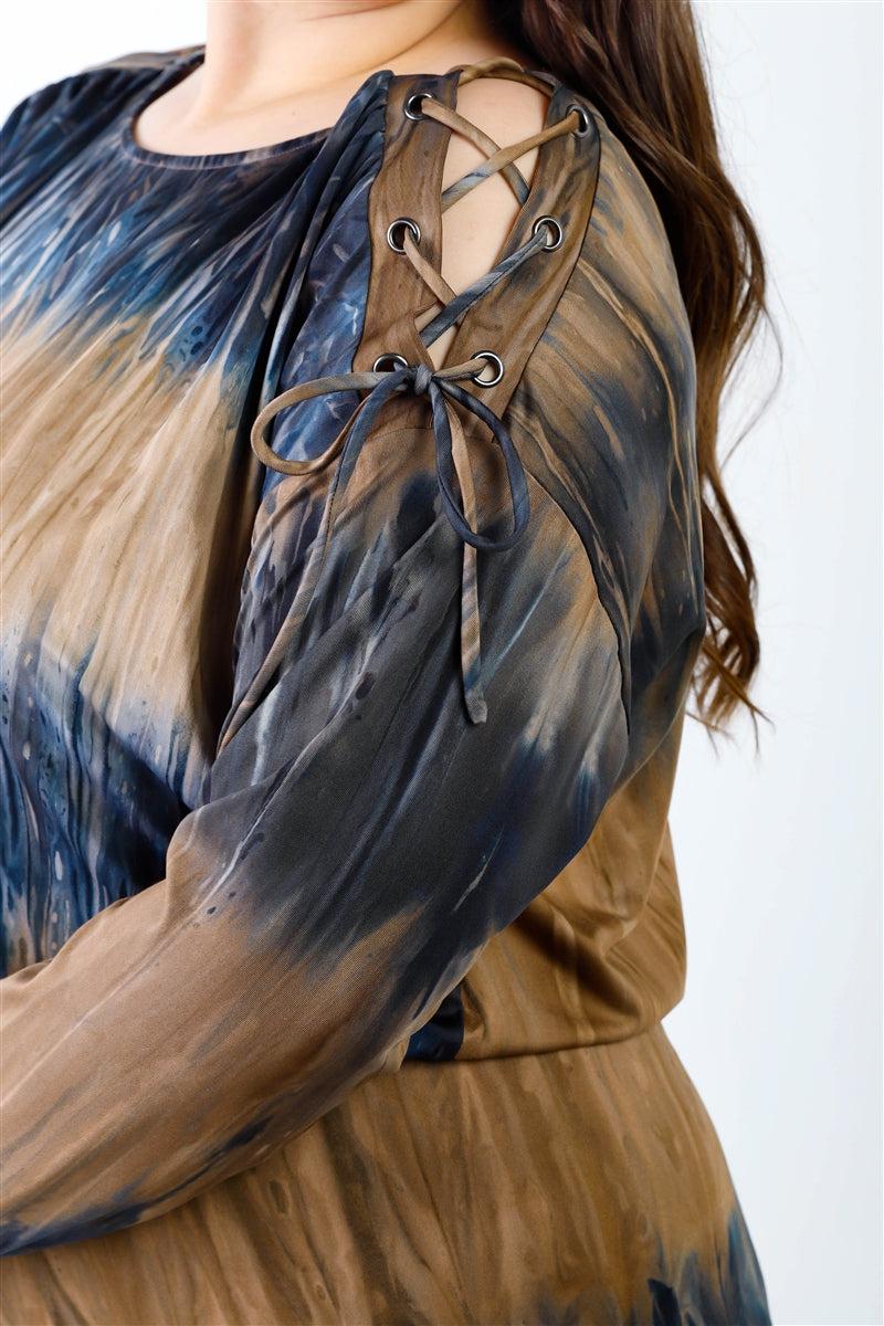 Plus Tie-dye Lace Up Shoulder Details Back Wrap Cut-out Jumpsuit Blue Zone Planet