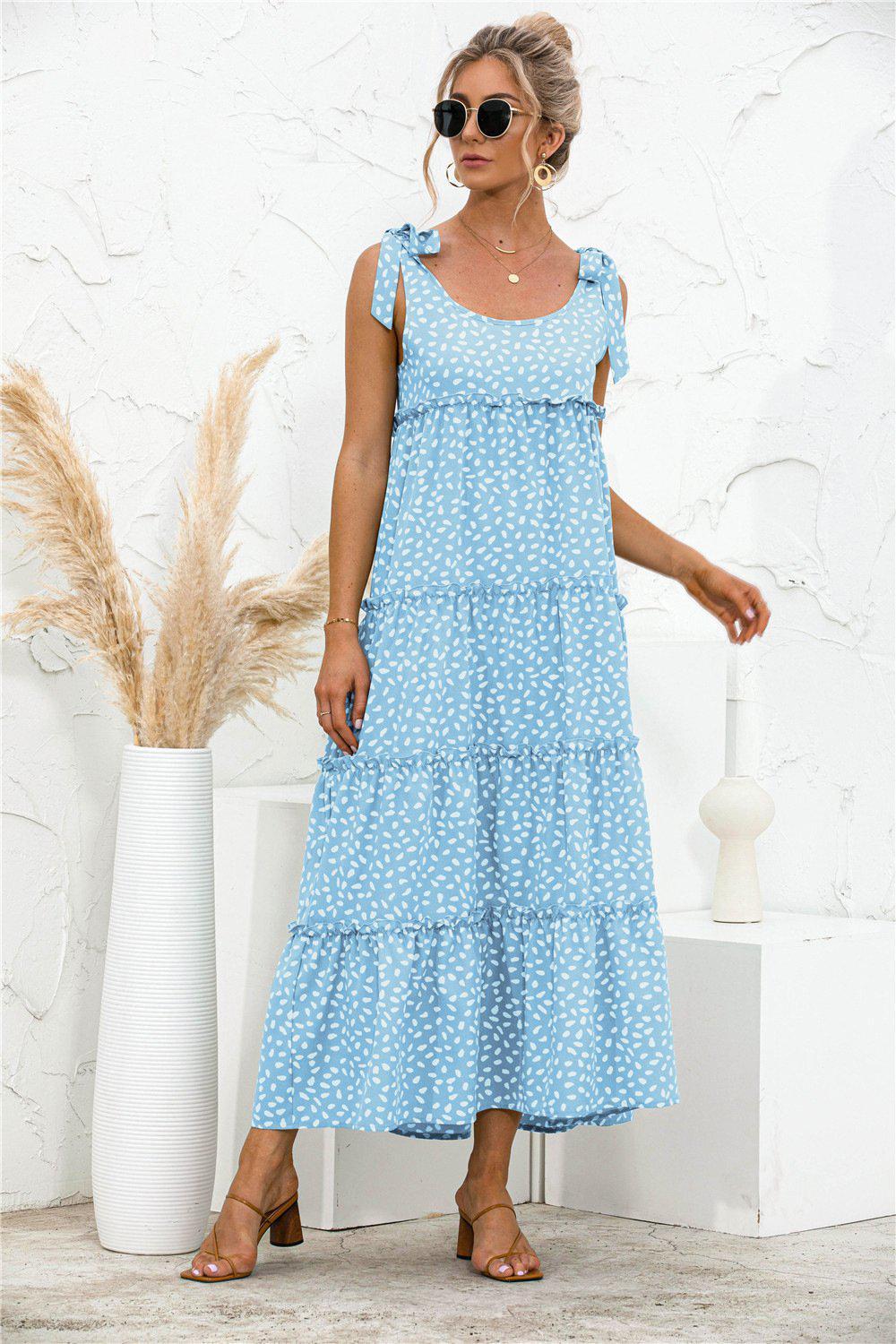 Polka Dot Adjustable Straps Tiered Dress BLUE ZONE PLANET