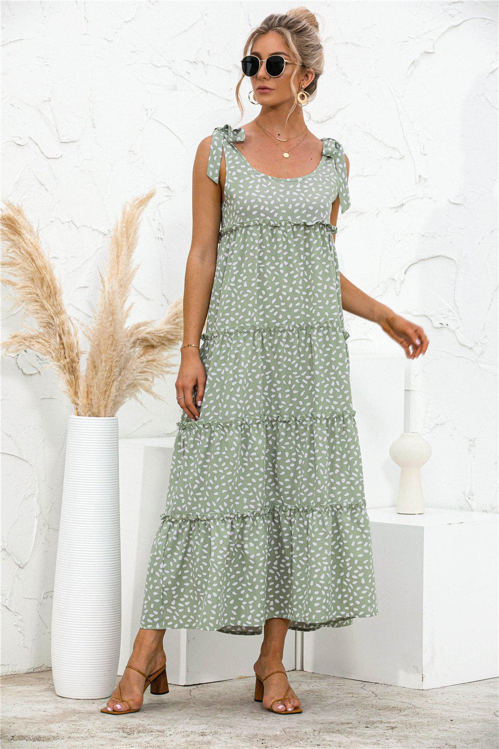 Polka Dot Adjustable Straps Tiered Dress BLUE ZONE PLANET