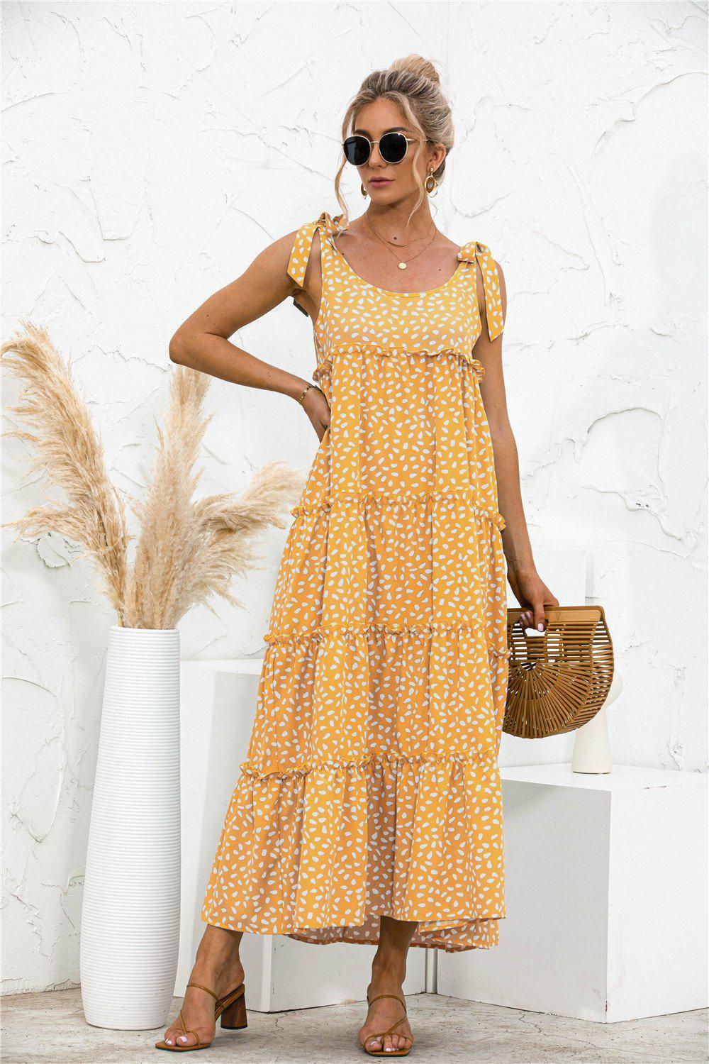Polka Dot Adjustable Straps Tiered Dress BLUE ZONE PLANET