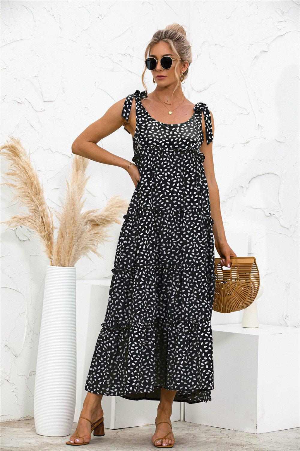 Polka Dot Adjustable Straps Tiered Dress BLUE ZONE PLANET
