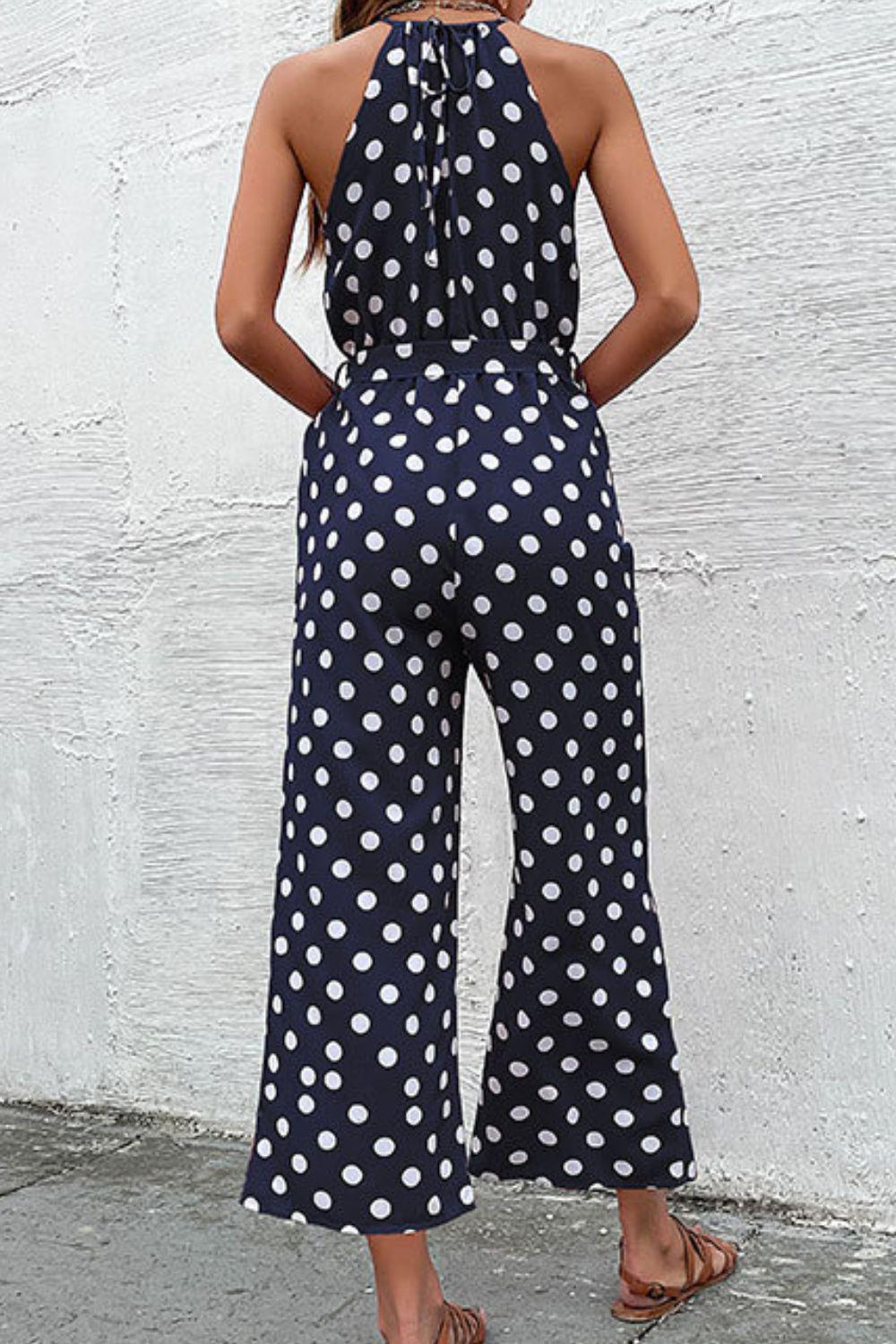 Polka Dot Grecian Wide Leg Jumpsuit BLUE ZONE PLANET