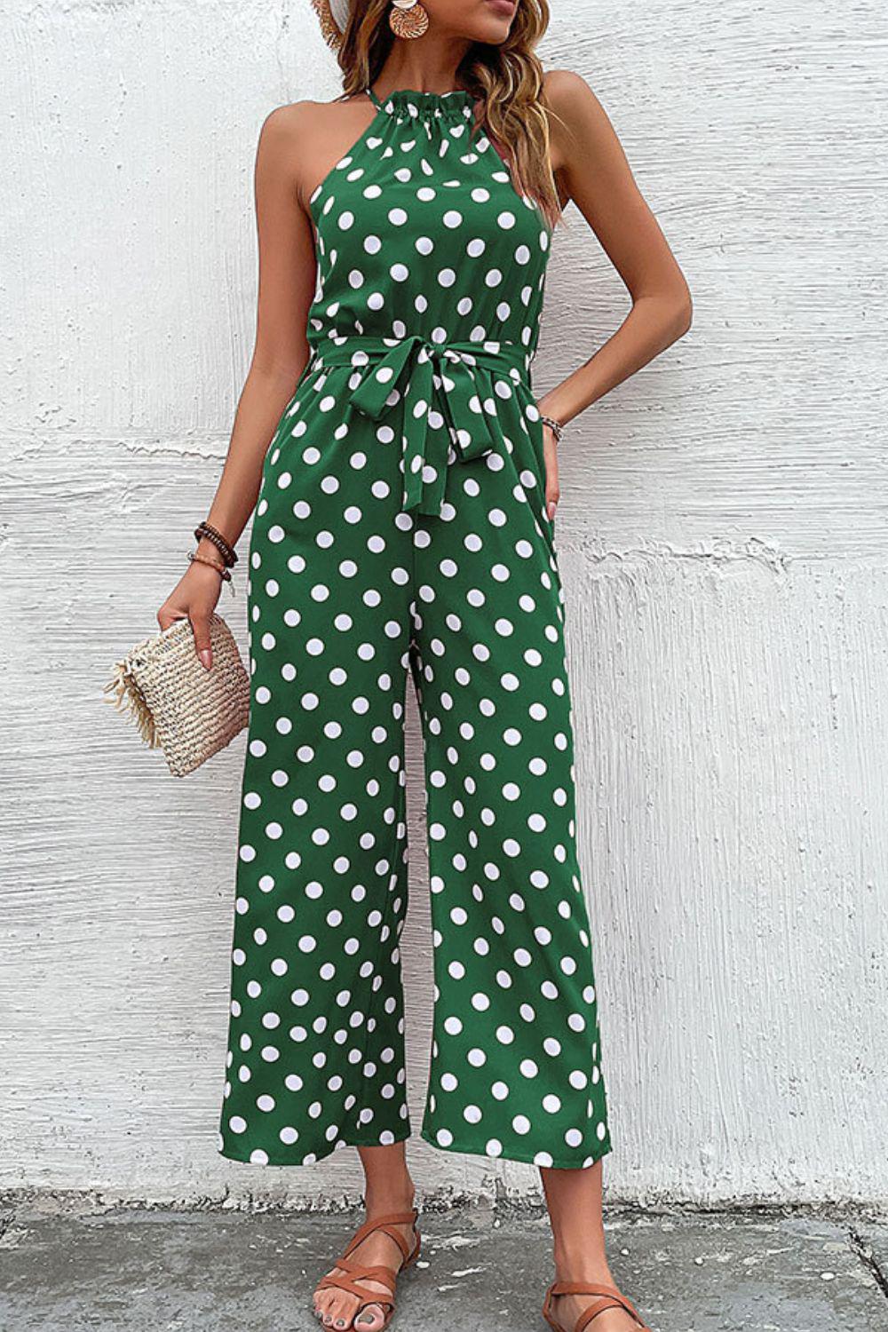 Polka Dot Grecian Wide Leg Jumpsuit BLUE ZONE PLANET