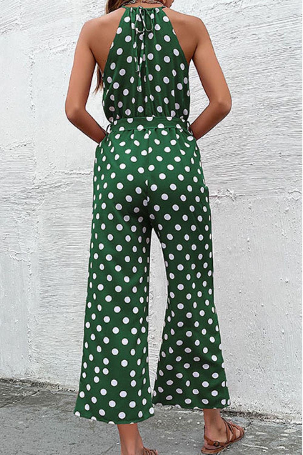 Polka Dot Grecian Wide Leg Jumpsuit BLUE ZONE PLANET