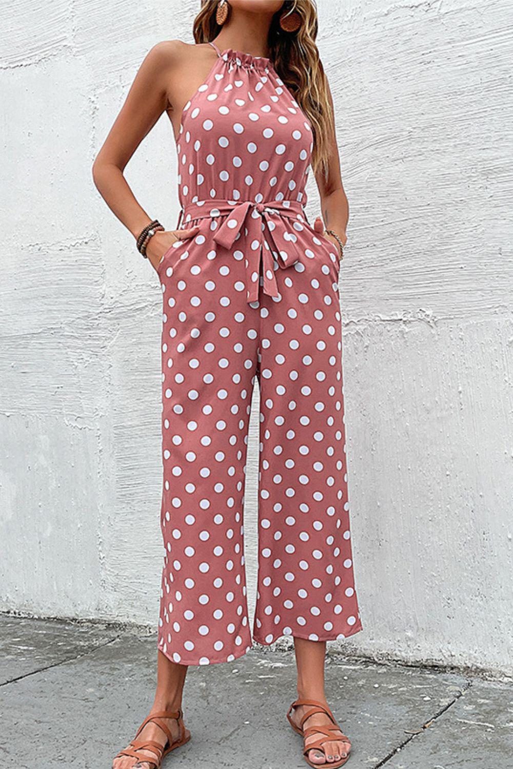 Polka Dot Grecian Wide Leg Jumpsuit BLUE ZONE PLANET