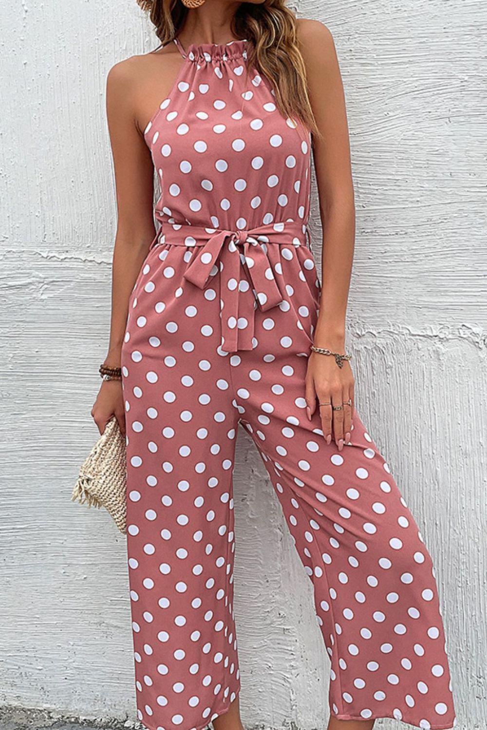 Polka Dot Grecian Wide Leg Jumpsuit BLUE ZONE PLANET