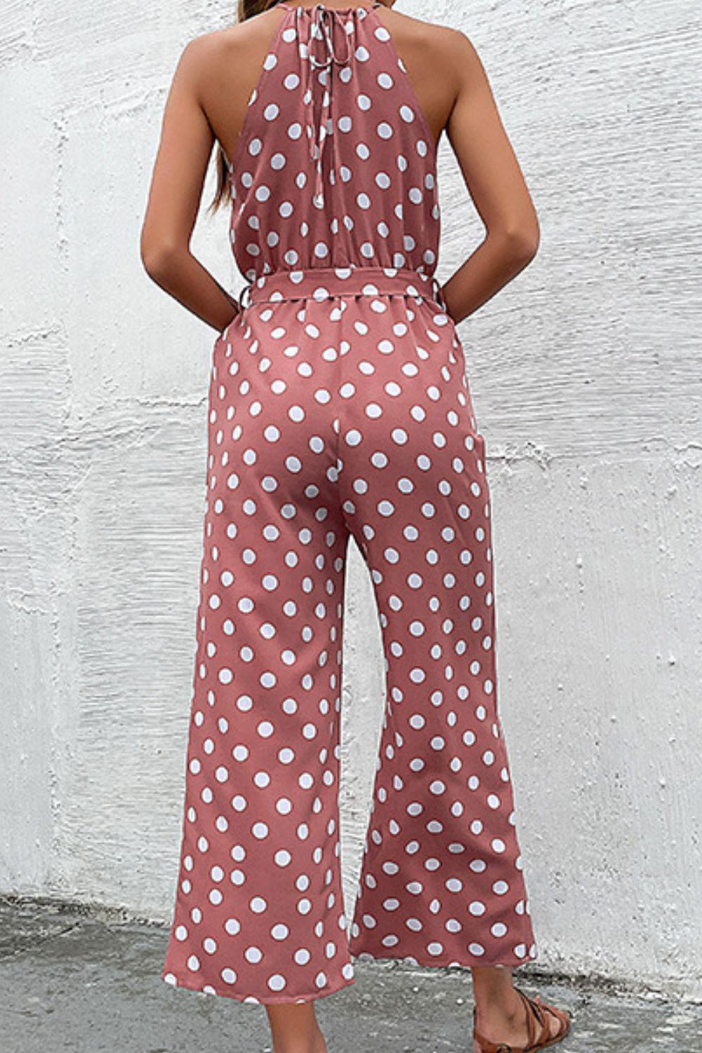 Polka Dot Grecian Wide Leg Jumpsuit BLUE ZONE PLANET