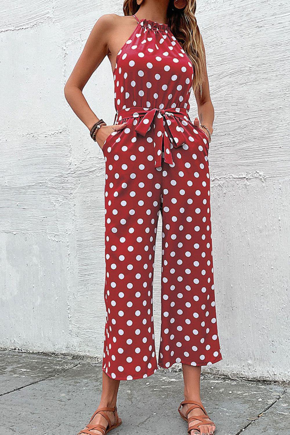 Polka Dot Grecian Wide Leg Jumpsuit BLUE ZONE PLANET