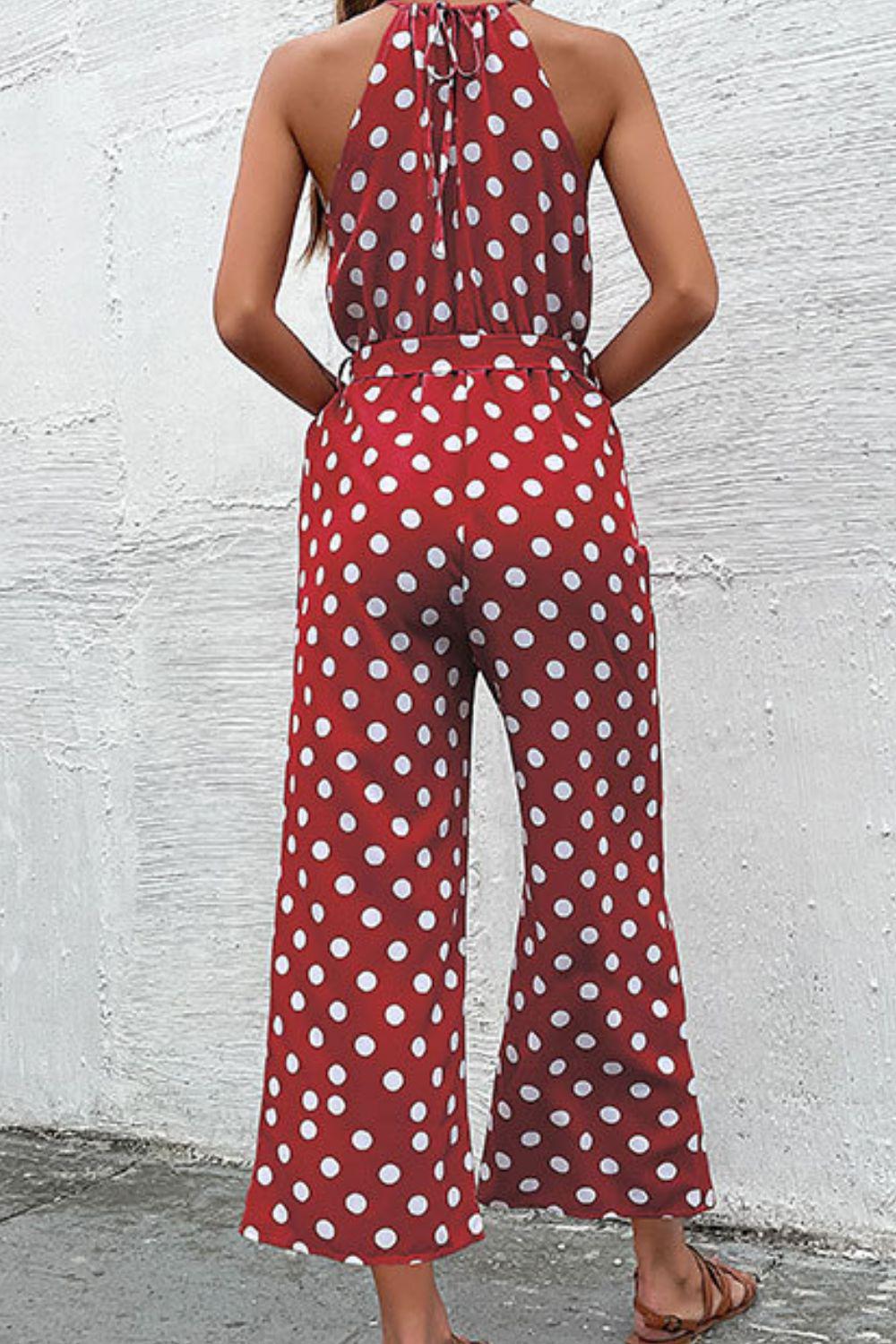 Polka Dot Grecian Wide Leg Jumpsuit BLUE ZONE PLANET
