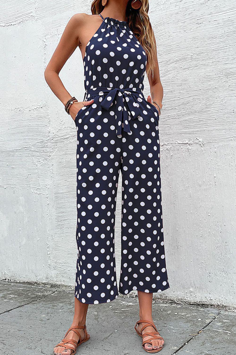 Polka Dot Grecian Wide Leg Jumpsuit BLUE ZONE PLANET
