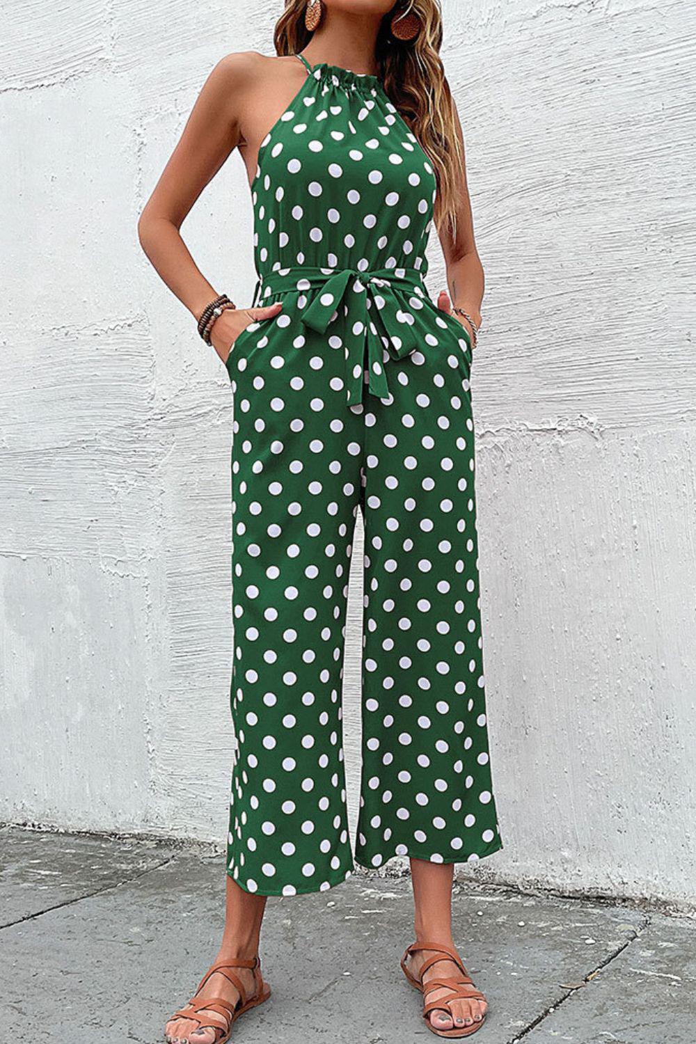 Polka Dot Grecian Wide Leg Jumpsuit BLUE ZONE PLANET