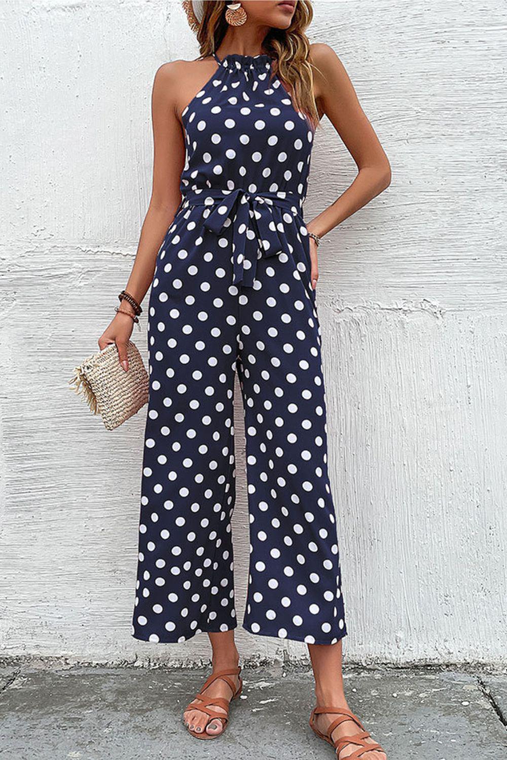 Polka Dot Grecian Wide Leg Jumpsuit BLUE ZONE PLANET