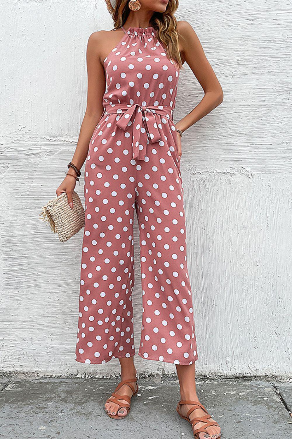 Polka Dot Grecian Wide Leg Jumpsuit BLUE ZONE PLANET