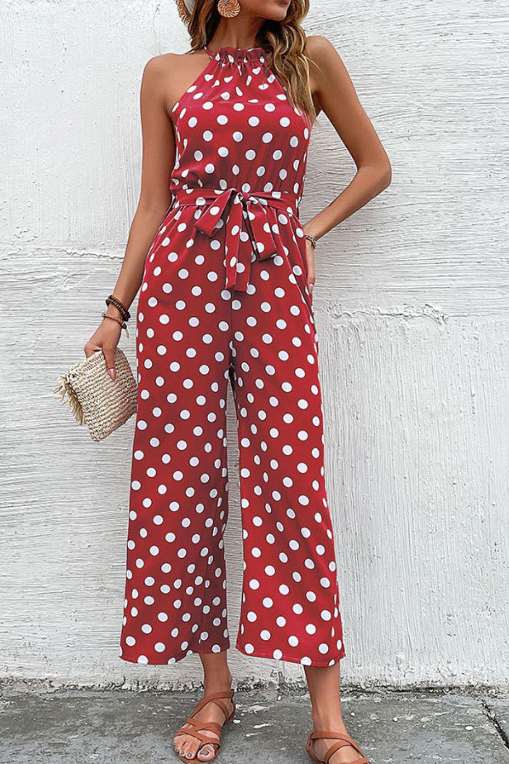 Polka Dot Grecian Wide Leg Jumpsuit BLUE ZONE PLANET