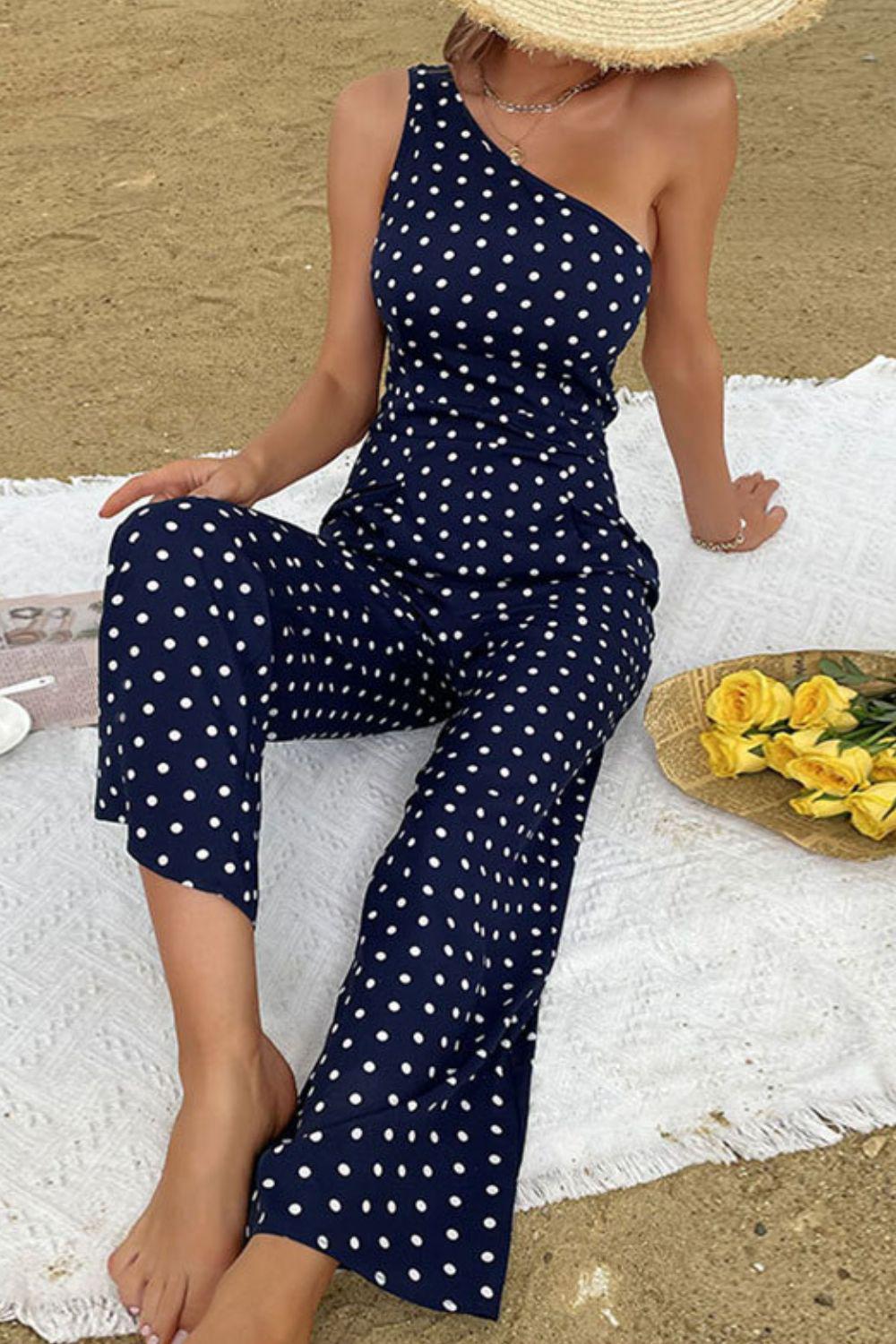 Polka Dot One-Shoulder Jumpsuit BLUE ZONE PLANET