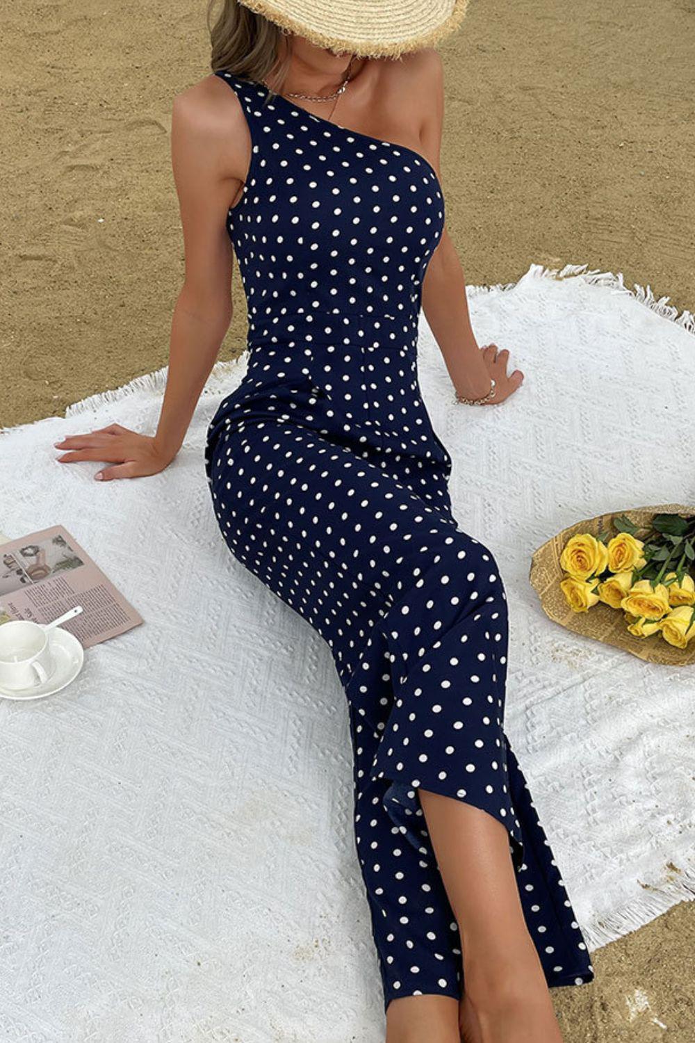 Polka Dot One-Shoulder Jumpsuit BLUE ZONE PLANET