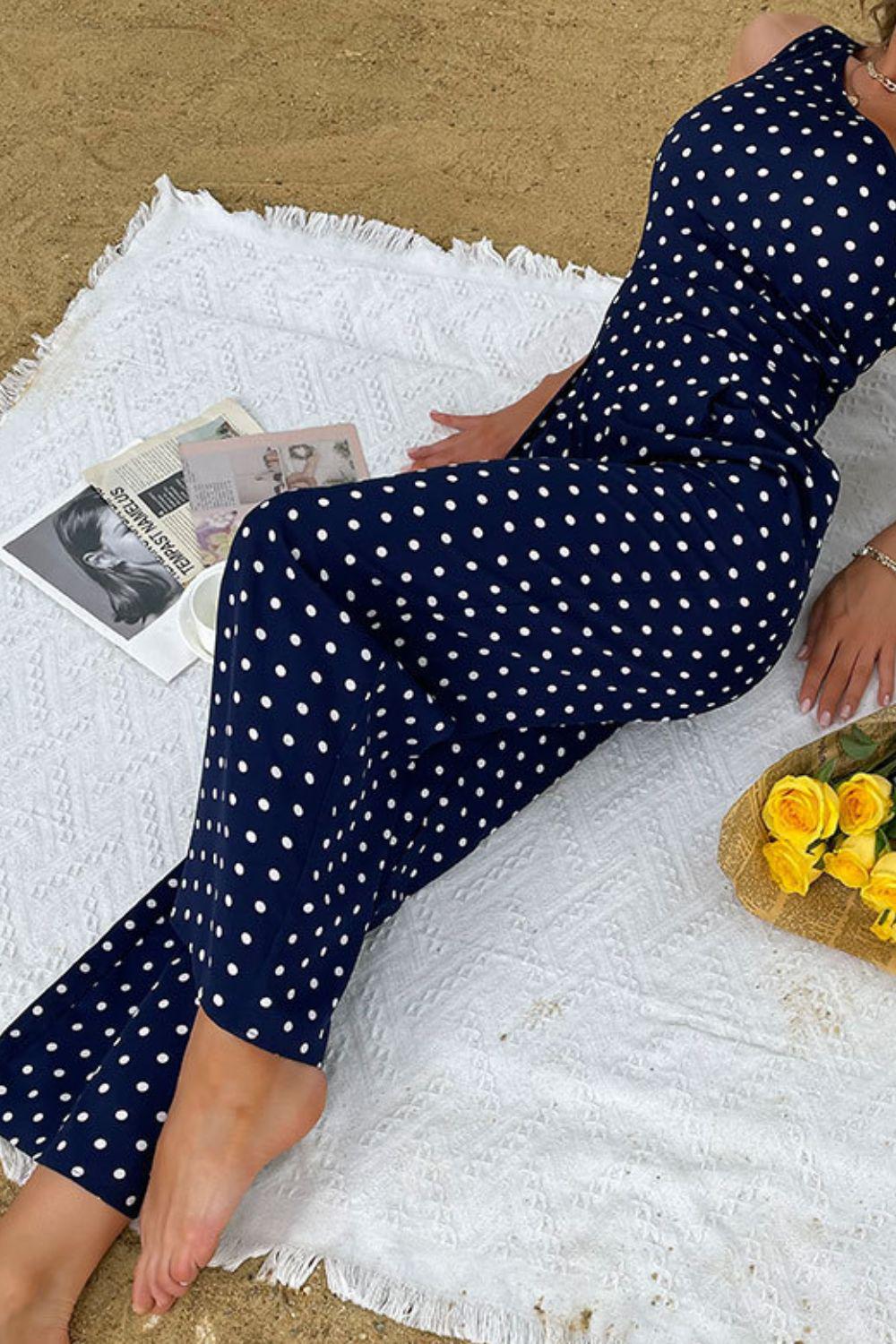 Polka Dot One-Shoulder Jumpsuit BLUE ZONE PLANET