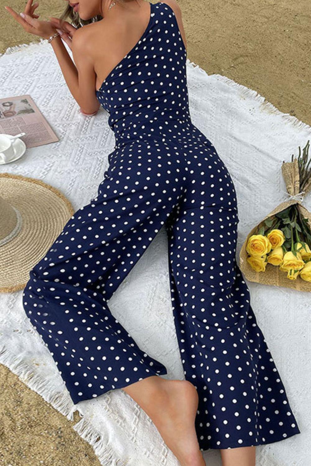 Polka Dot One-Shoulder Jumpsuit BLUE ZONE PLANET