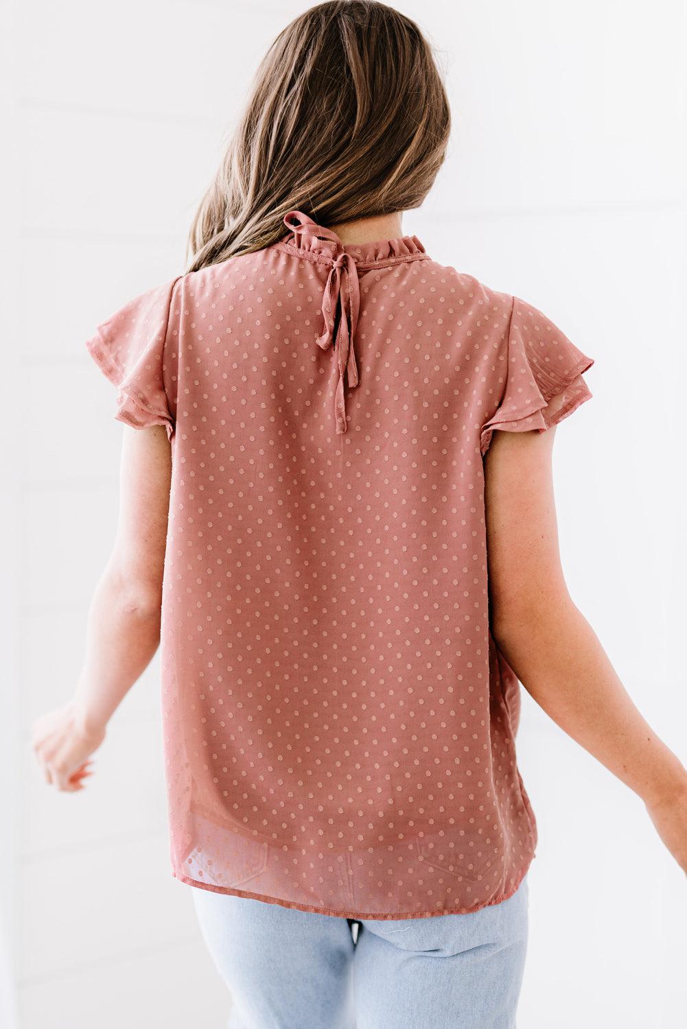 Polka Dot Smocked Flutter Sleeve Blouse BLUE ZONE PLANET