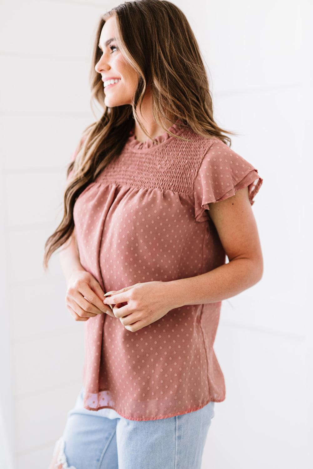 Polka Dot Smocked Flutter Sleeve Blouse BLUE ZONE PLANET