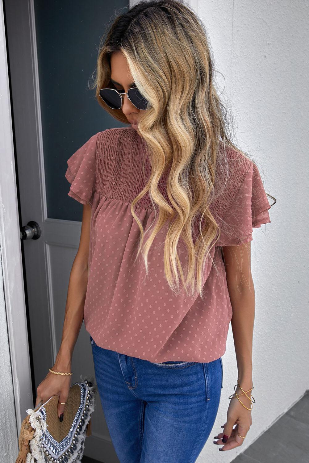 Polka Dot Smocked Flutter Sleeve Blouse BLUE ZONE PLANET