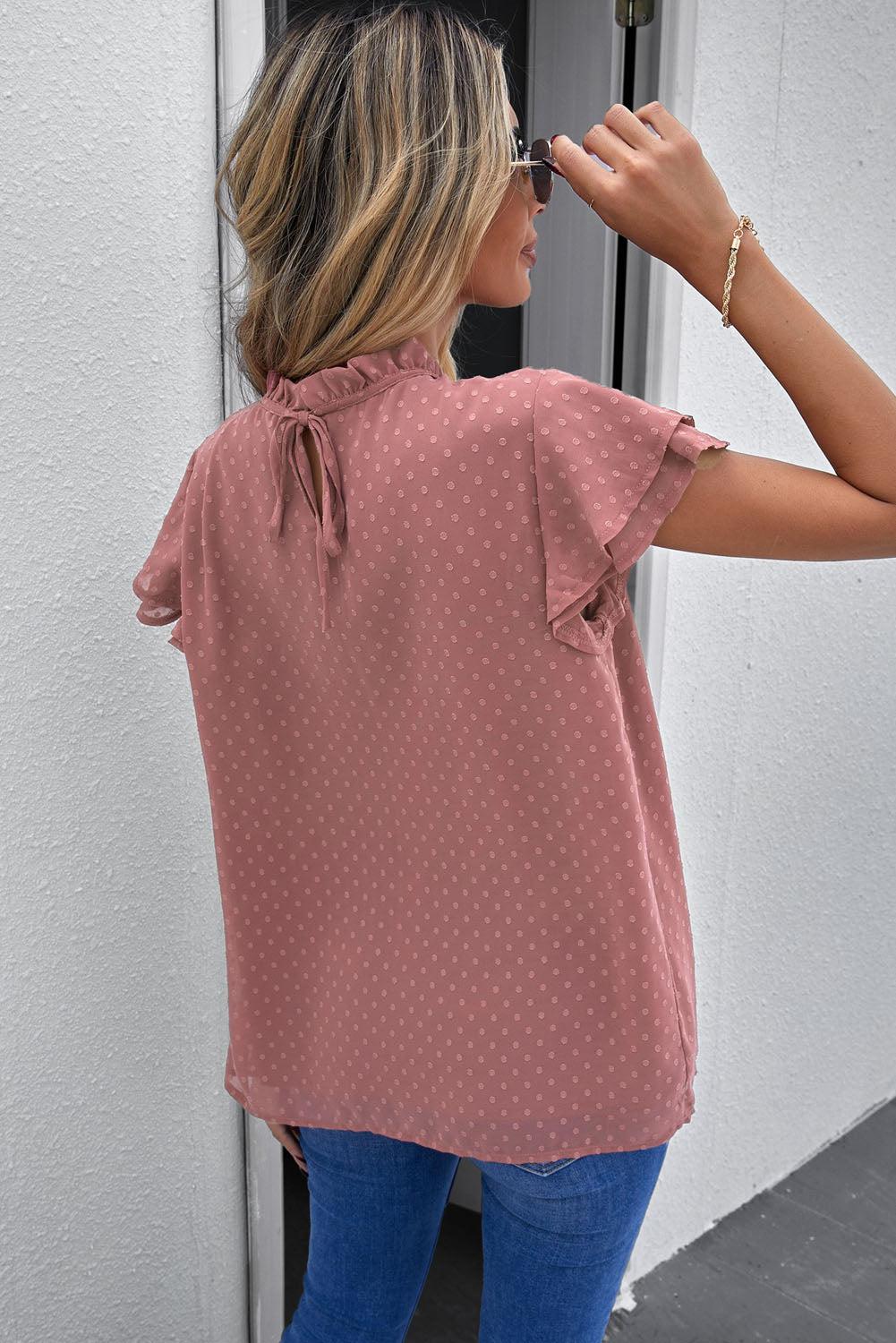 Polka Dot Smocked Flutter Sleeve Blouse BLUE ZONE PLANET