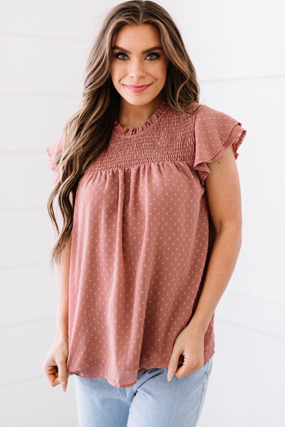 Polka Dot Smocked Flutter Sleeve Blouse BLUE ZONE PLANET