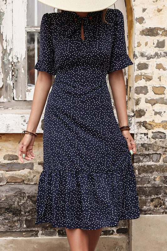 Polka Dot Tie Front Ruffled Midi Dress BLUE ZONE PLANET