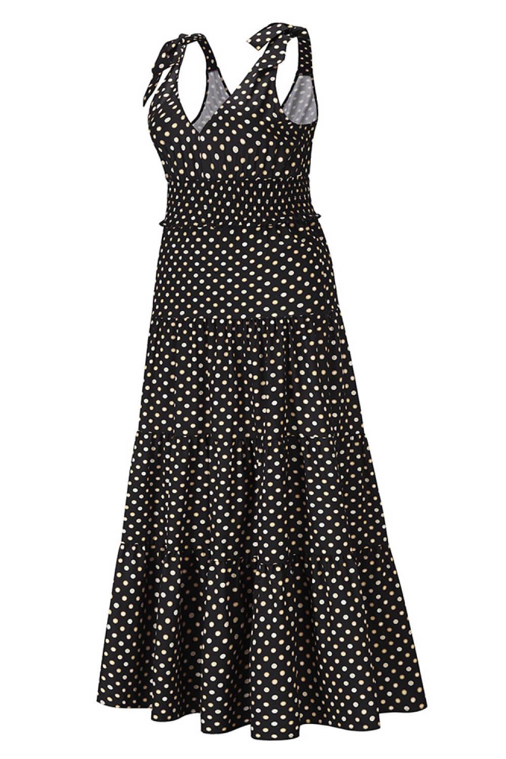 Polka Dot Tie-Shoulder Tiered Maxi Dress BLUE ZONE PLANET