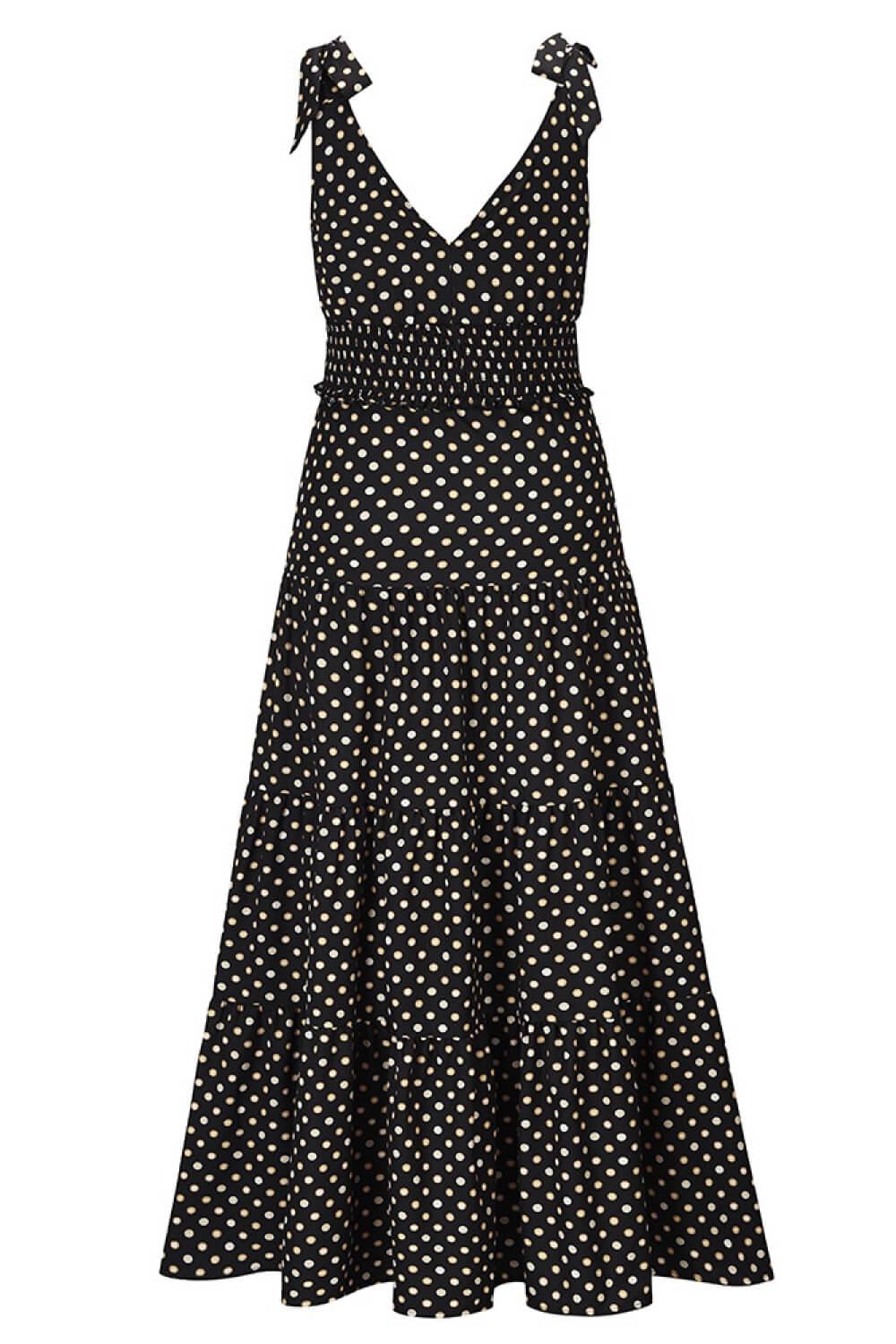 Polka Dot Tie-Shoulder Tiered Maxi Dress BLUE ZONE PLANET