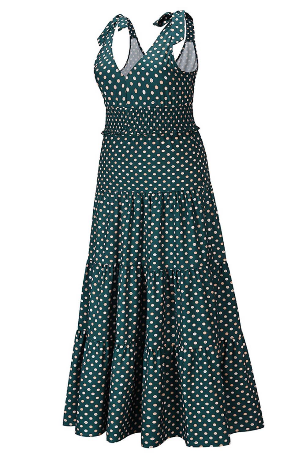 Polka Dot Tie-Shoulder Tiered Maxi Dress BLUE ZONE PLANET