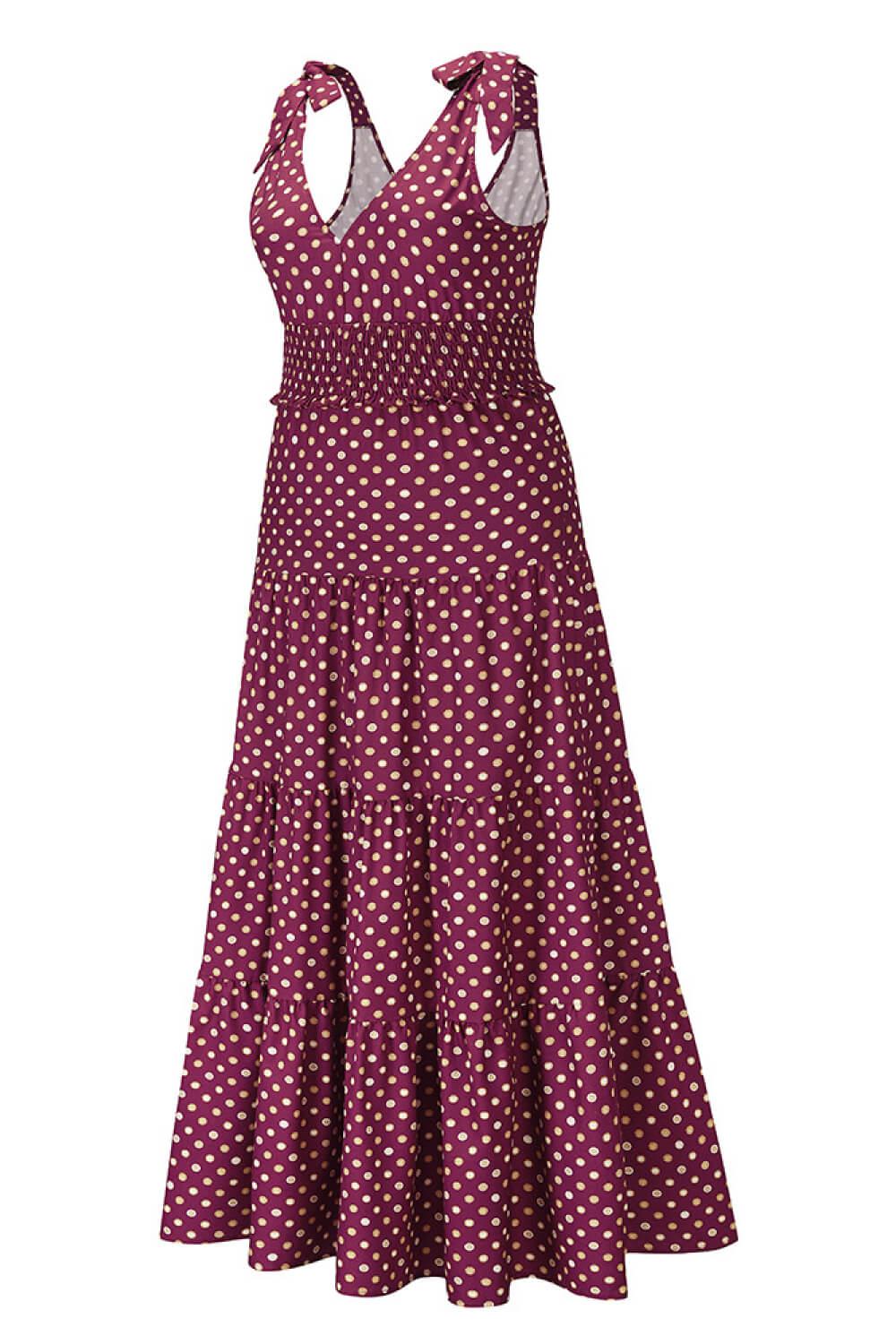 Polka Dot Tie-Shoulder Tiered Maxi Dress BLUE ZONE PLANET