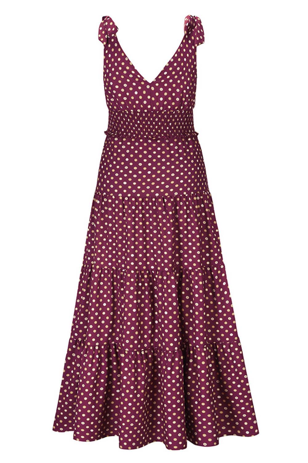 Polka Dot Tie-Shoulder Tiered Maxi Dress BLUE ZONE PLANET