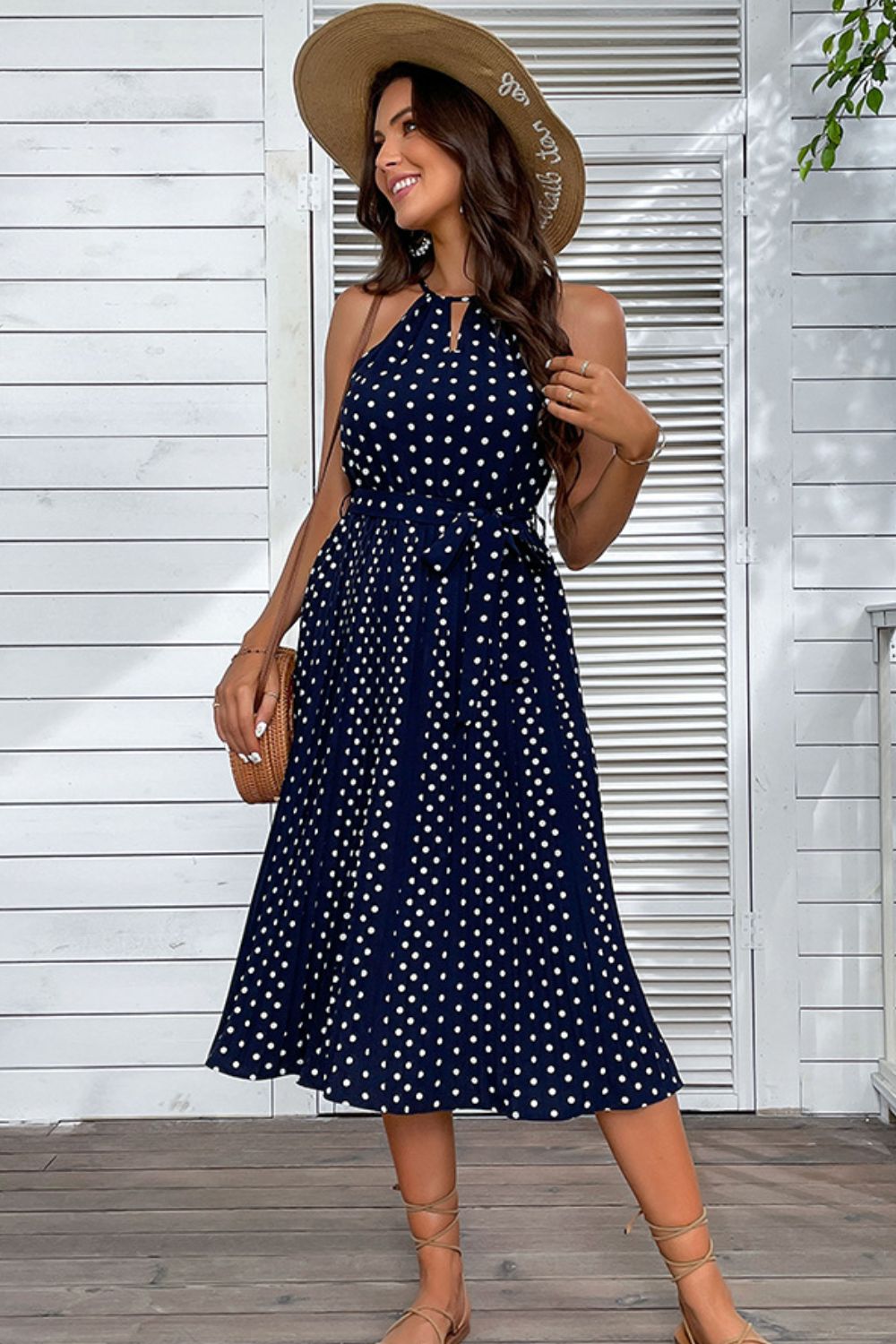 Polka Dot Tie-Waist Sleeveless Midi Dress BLUE ZONE PLANET