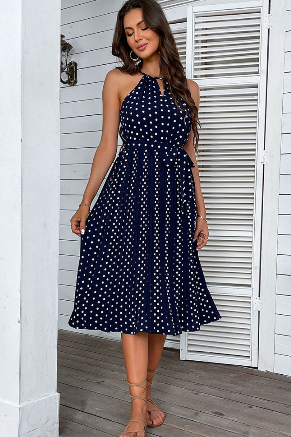Polka Dot Tie-Waist Sleeveless Midi Dress BLUE ZONE PLANET