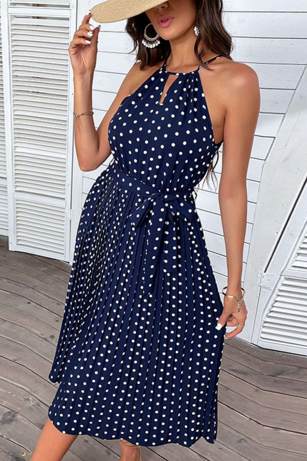 Polka Dot Tie-Waist Sleeveless Midi Dress BLUE ZONE PLANET