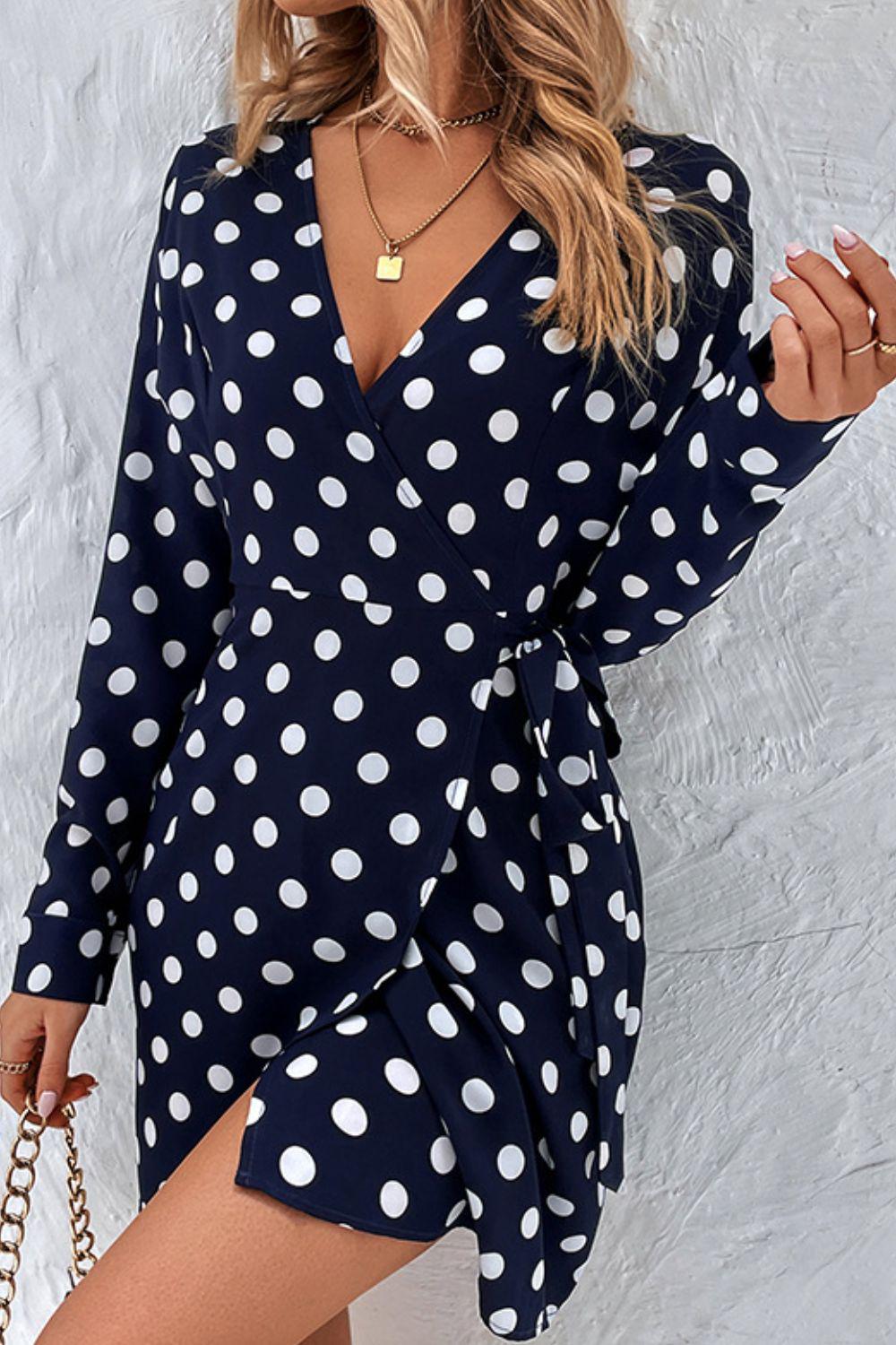 Polka Dot Tied Surplice Wrap Dress BLUE ZONE PLANET