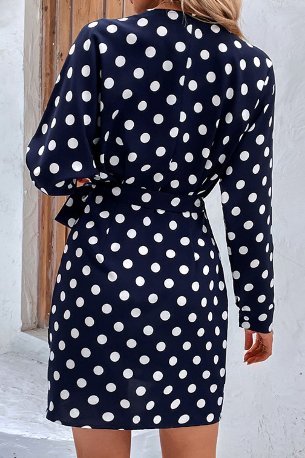 Polka Dot Tied Surplice Wrap Dress BLUE ZONE PLANET