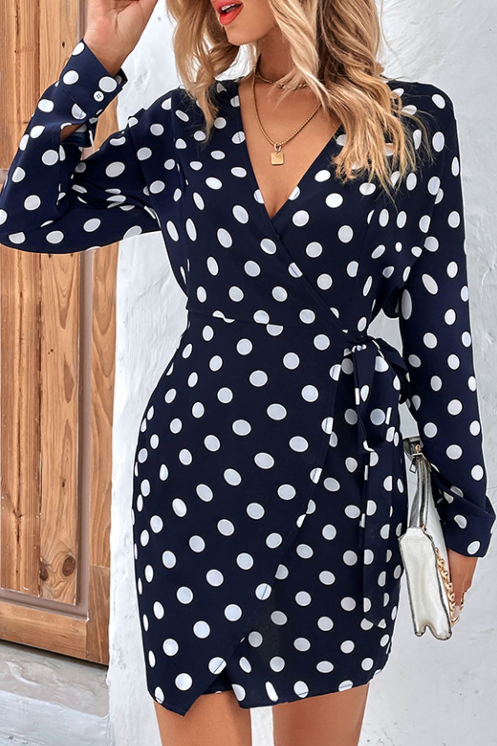 Polka Dot Tied Surplice Wrap Dress BLUE ZONE PLANET