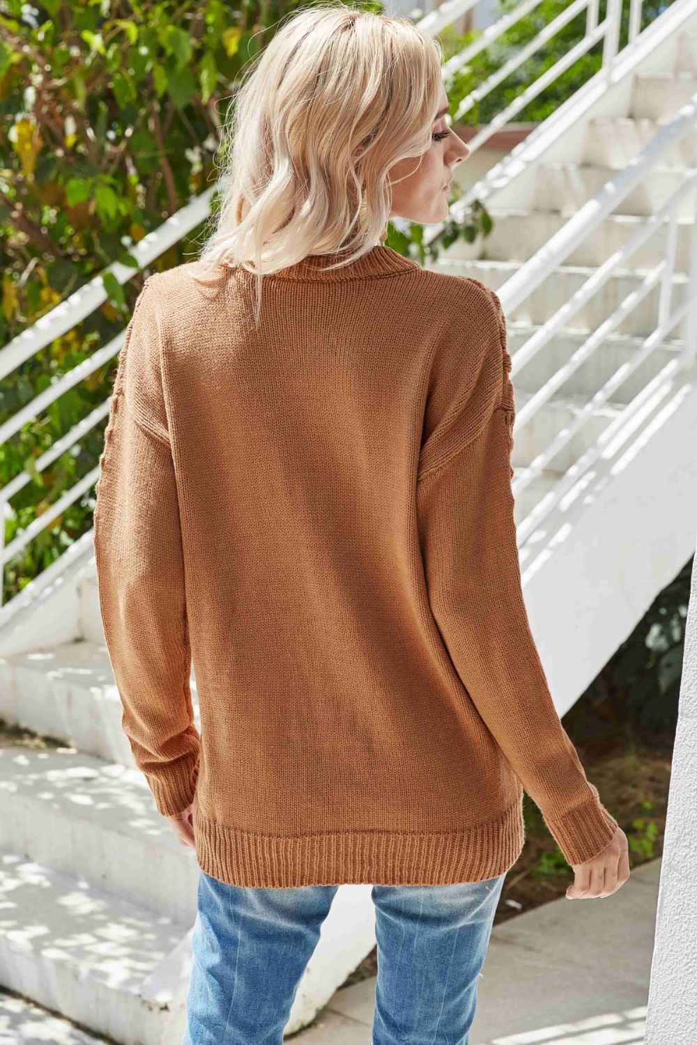 Pom-Pom Drop Shoulder Ribbed Trim Sweater BLUE ZONE PLANET