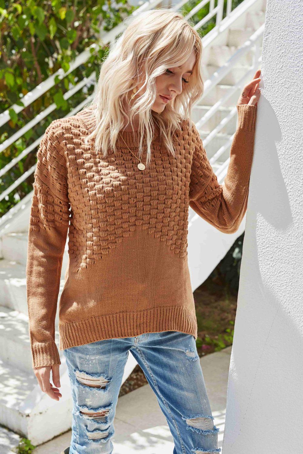 Pom-Pom Drop Shoulder Ribbed Trim Sweater BLUE ZONE PLANET