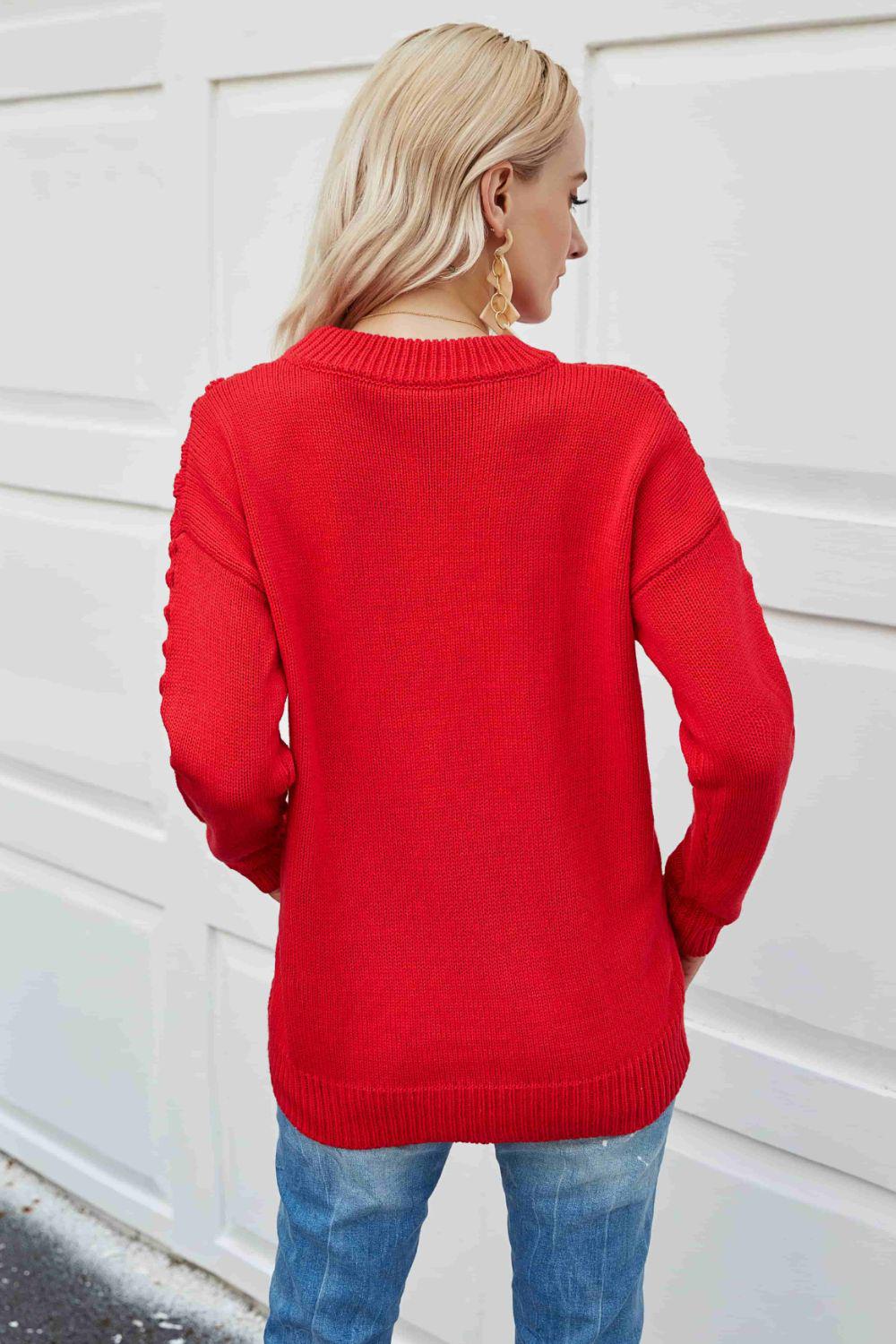 Pom-Pom Drop Shoulder Ribbed Trim Sweater BLUE ZONE PLANET