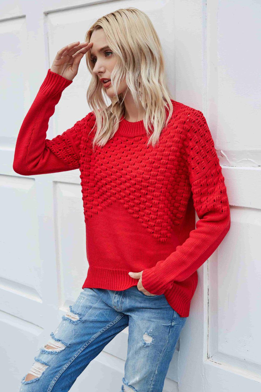 Pom-Pom Drop Shoulder Ribbed Trim Sweater BLUE ZONE PLANET