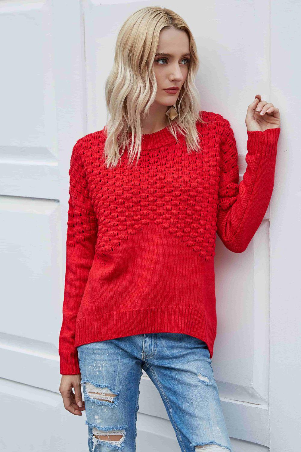 Pom-Pom Drop Shoulder Ribbed Trim Sweater BLUE ZONE PLANET