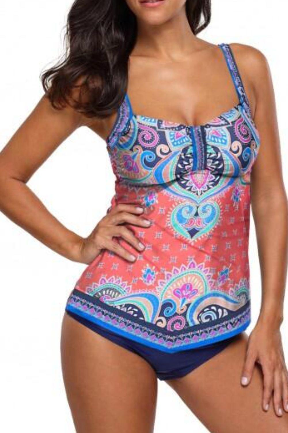Printed Adjustable Strap Tankini Set BLUE ZONE PLANET