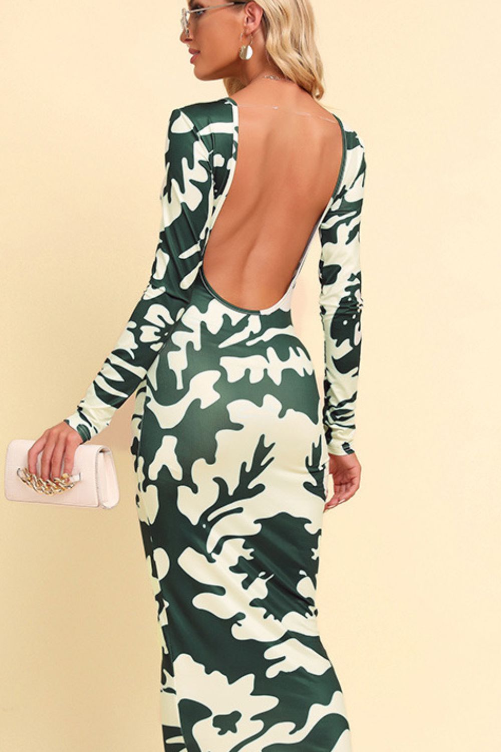 Printed Backless Long Sleeve Maxi Dress BLUE ZONE PLANET