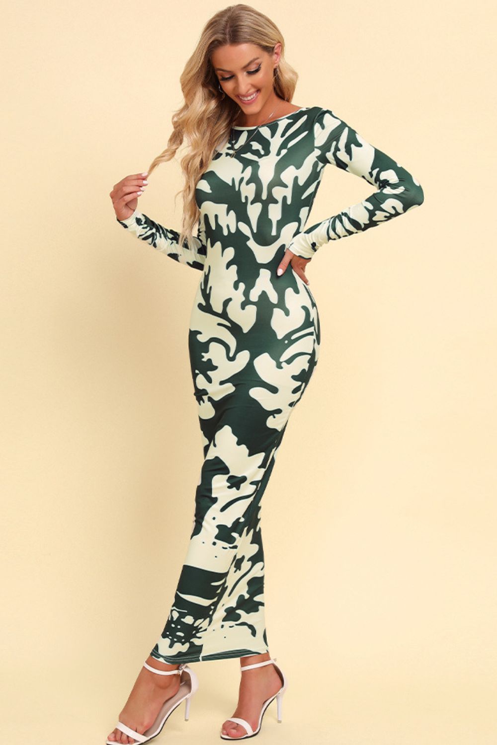 Printed Backless Long Sleeve Maxi Dress BLUE ZONE PLANET